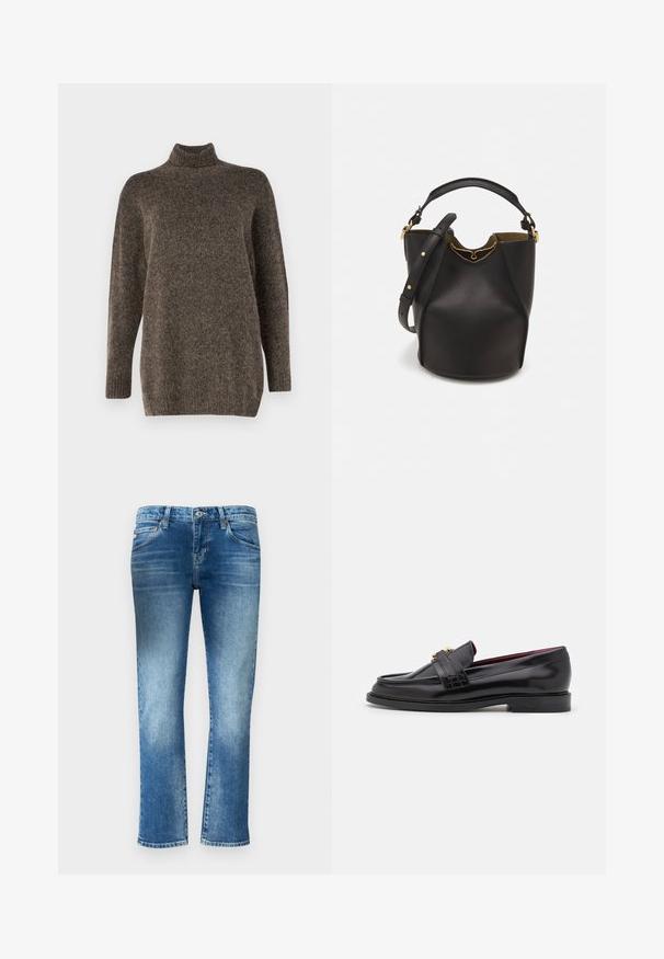Hnědý pletený svetr s vysokým límcem, dlouhými rukávy, uvolněným střihem a žebrovanými manžetami, s měkkou texturou a jemnou barevnou variací.; Světle modré džínové kalhoty se střihovým provedením rovného nohavic, jemným vyblednutím a středně vysokým pasem. Obsahují pět kapes a poutka na opasek.; Černé kožené mokasíny se šitým vzorem, hladkým povrchem, zlatou sponou a zakulacenou špičkou, umístěné na nízké černé podrážce.; Černá kožená kabelka ve tvaru vědra s texturovaným povrchem, zlatými kovovými akcenty a otevřeným vrchem. Obsahuje krátkou rukojeť a nastavitelný ramenní popruh.
