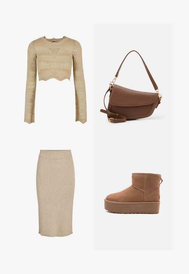 Beżowy dziany crop top z długimi rękawami, z falbaniastym dołem, teksturowanymi wzorami i otwartymi detalami w całej konstrukcji.; Dzianinowa spódnica w jasnobeżowym kolorze z pionowym prążkowanym wzorem, do kolan, z elastycznym pasem i prostym krojem.; Beżowe zamszowe botki za kostkę z platformą, zaokrąglonym noskiem i akcentami w postaci przeszyć; posiadają pętelkę z tyłu dla ułatwienia zakładania.; Brązowa skórzana torba na ramię o teksturowanym wykończeniu, zaokrąglonym kształcie, złotych akcentach, regulowanym pasku i zapięciu na klapę.