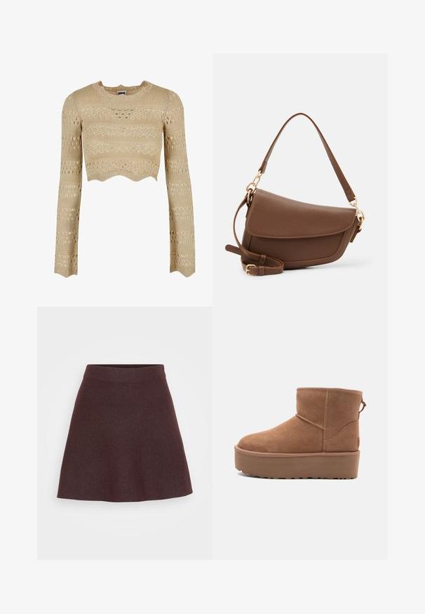 Beżowy dziany crop top z długimi rękawami, z falbaniastym dołem, teksturowanymi wzorami i otwartymi detalami w całej konstrukcji.; Burgundowa dzianinowa spódnica o rozkloszowanej konstrukcji, z szerokim pasem i gładką fakturą, w jednolitym kolorze bez wzorów czy akcentów.; Beżowe zamszowe botki za kostkę z platformą, zaokrąglonym noskiem i akcentami w postaci przeszyć; posiadają pętelkę z tyłu dla ułatwienia zakładania.; Brązowa skórzana torba na ramię o teksturowanym wykończeniu, zaokrąglonym kształcie, złotych akcentach, regulowanym pasku i zapięciu na klapę.