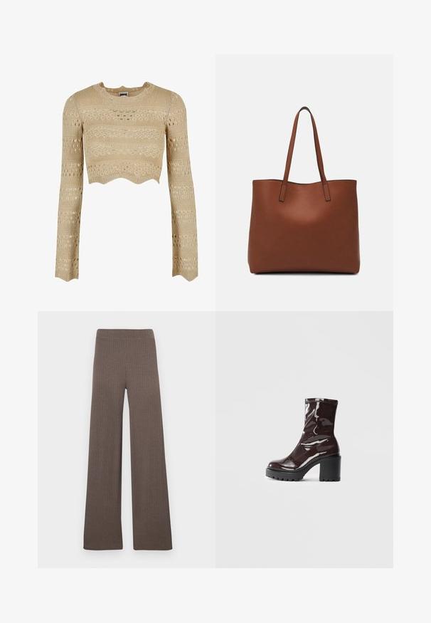 Beez-pruuni kudumisega lühikese varrukaga topp, millel on laineline äär, tekstuursete mustritega ja avatud töö detailid üle kogu pinna.; Laiad pahkluudriga püksid tumepruunis toonis, millel on veniv vöökoht ja pehme, tekstuuriga kangas.; Klakav läikiv burgundi värvi pahkluu saabas, millel on paks must konts, sile tekstuur ja lihtne disain. Nähtavad kinnitused või mustrid puuduvad.; Pruun nahast tote-kott, millel on sile tekstuur, avatud ülaosa disain ja kaks õlarihma. Omab minimaalset õmblust ja nähtavat riistvara ei ole.