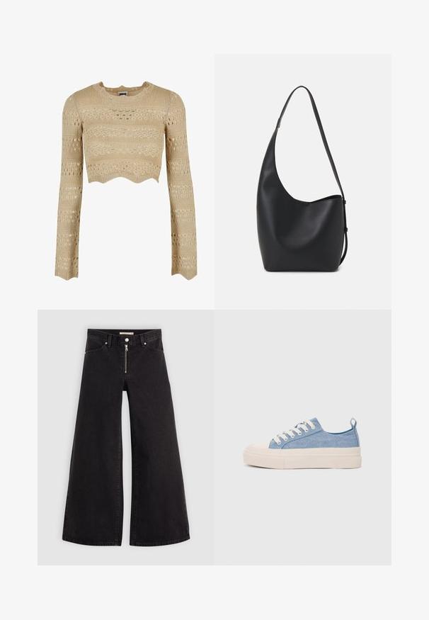Beżowy dziany crop top z długimi rękawami, z falbaniastym dołem, teksturowanymi wzorami i otwartymi detalami w całej konstrukcji.; Jeans o szerokich nogawkach w czarnym denienie z zamkiem błyskawicznym z przodu, pięcioma kieszeniami i subtelnymi detalami przeszycia. Gładka tekstura i swobodny styl.; Jasnoniebieskie płócienne sneakersy z kremowym czubkiem z gumy i podeszwą, z białymi sznurówkami i pętelką na pięcie.; Czarna skórzana torba hobo o gładkiej fakturze, zaokrąglonym kształcie i pojedynczym, regulowanym pasku; posiada szerokie otwarcie na górze.