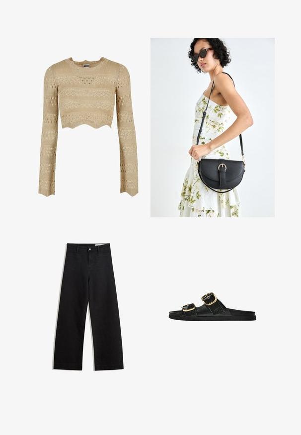 Beżowy dziany crop top z długimi rękawami, z falbaniastym dołem, teksturowanymi wzorami i otwartymi detalami w całej konstrukcji.; Czarne dżinsowe spodnie o szerokich nogawkach i wysokim stanie, z przednimi i tylnymi kieszeniami, przeszyciami oraz zapięciem na guziki. Gładka struktura.; Czarne klapki z dwoma złotymi klamrami, gładki materiał, płaska podeszwa i minimalistyczny design.; Czarna skórzana torebka o zakrzywionym kształcie, z odpinanym paskiem i złotymi akcentami. Torebka posiada klapę z zapięciem w kształcie klamry.