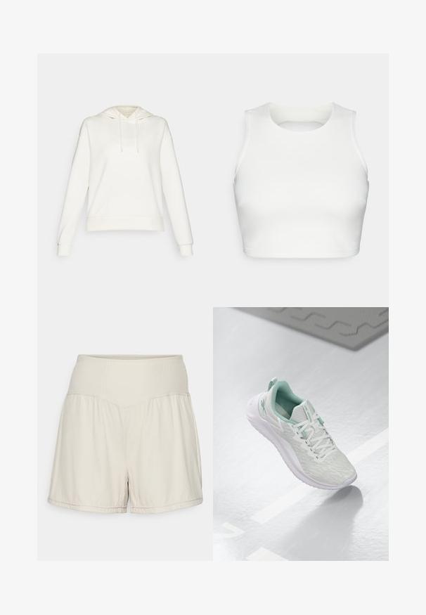 Balta kapuce ar saites kapuci, garām piedurknēm un ribotām aprocēm. Iezīmē gludu auduma faktūru un brīvu piegriezumu.; Balta bezpiedurkņu topiņš, kas izgatavots no gludas auduma, ar apaļu kakla izgriezumu un atvērtu aizmuguri, ar akurāti šūtām malām.; Gaiši bež šorti ar teksturētu ribinātu jostasvietu, plūstošu dizainu un brīvu piegriezumu. Iespējas iekļauj izšūtas apakšmalas un sānu izgriezumus brīvākai kustībai.; Gaišpelēka sporta apava ar teksturētu trikotāžas augšu, mentolzaļiem akcentiem, baltām šņorēm, gumijas zoli un cilpu uz papēža.