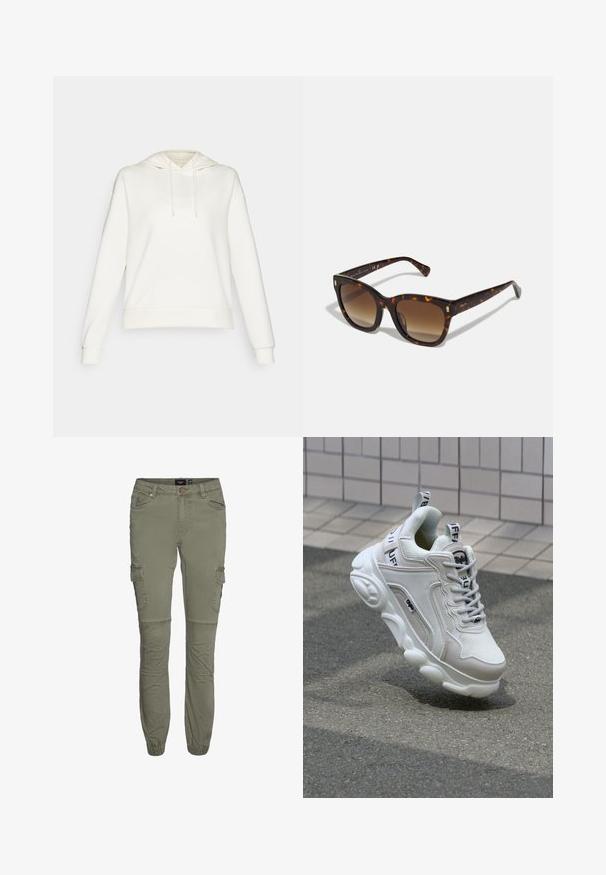 Witte hoodie met een trekkoordcapuchon, lange mouwen en geribbelde manchetten. Beschikt over een gladde stoftextuur en een ontspannen pasvorm.; Olijf groene cargobroek van een duurzame katoenmix met taps toelopende boorden, meerdere zakken en knievouwen voor extra bewegingsvrijheid.; Witte sneaker van mesh en leer, met een ronde neus, dikke zool, opvallende veters en merklogo op de hak en tong.; Schildpad vierkante zonnebril met verloopbruine lenzen, voorzien van gouden accenten op de veren en een dikke, glanzende brilrand.