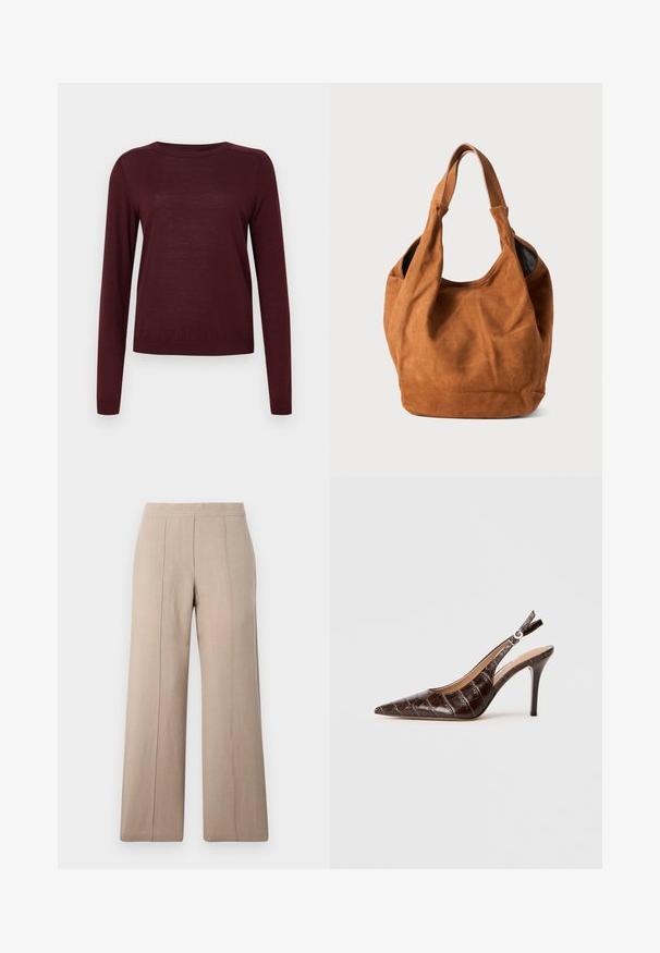 Burgundy langärmliger Pullover aus weichem Material mit Rundhalsausschnitt und gerippten Bündchen, leicht und glatt in der Textur.; Beige weit geschnittene Hose aus leichtem Stoff, mit vorderen Falten, einem glatten Bund und geradem Schnitt mit sauberen Säumen.; Braune, krokodil-prägierte Leder-Slingback-Pumps mit spitzem Schuhkopf, offenem Seitenbereich und dünnem hohen Absatz. Mit einer Schnallenverstellung gestaltet.; Braune Wildleder-Schultertasche mit weicher Textur, gebogener Form und zwei Griffen. Verfügt über ein minimalistisches Design ohne sichtbare Beschläge oder Akzente.