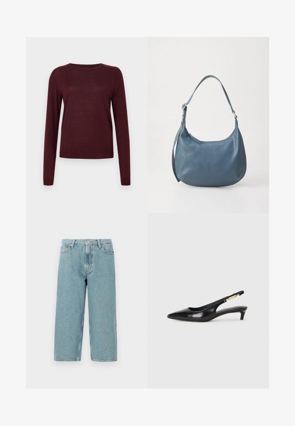 Pull à manches longues bordeaux en matériau doux, doté d'un col rond et de poignets côtelés, avec une texture légère et lisse.; Shorts en denim bleu clair avec taille haute, coupe droite et ourlet brut. Dispose d'une fermeture classique à bouton et à glissière, ainsi que de quatre poches.; Talons hauts en cuir noir avec un bout pointu, dotés d'un talon fin et d'un accent en ton or sur la lanière réglable. Texture lisse.; Sac à main en cuir bleu avec une forme arrondie, une seule bandoulière, fermeture zippée et nom de la marque en relief sur le devant. Texture lisse.