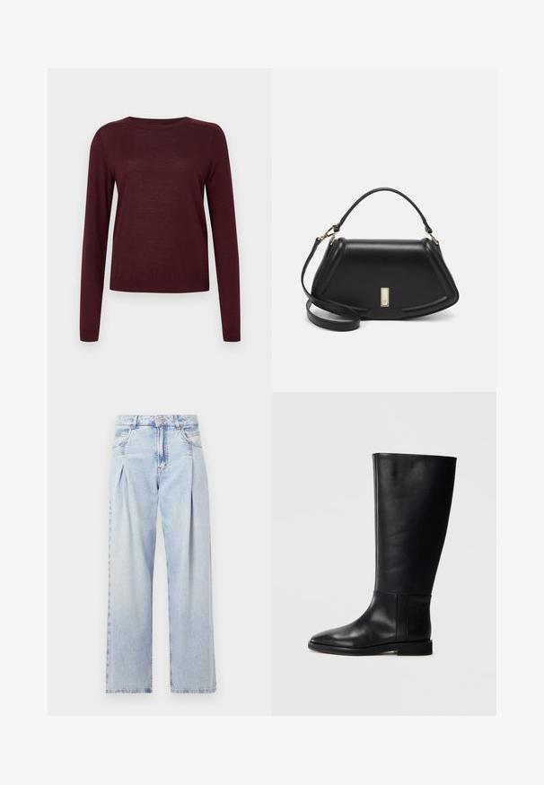Maglione bordeaux a maniche lunghe realizzato in materiale morbido, con colletto rotondo e polsini a coste, dalla texture leggera e liscia.; Jeans in denim azzurro chiaro con vita alta, taglio a gamba larga, due tasche laterali e design plissettato. Texture morbida con una finitura sbiadita.; Stivale in pelle nera al ginocchio con punta arrotondata, texture liscia, design minimalista e suola piatta. Dettagli di cucitura semplici sulla gamba.; Borsa a mano in pelle nera con un design strutturato, caratterizzata da una forma corta, manico superiore e accessori in metallo dorato. Inclusa tracolla regolabile.