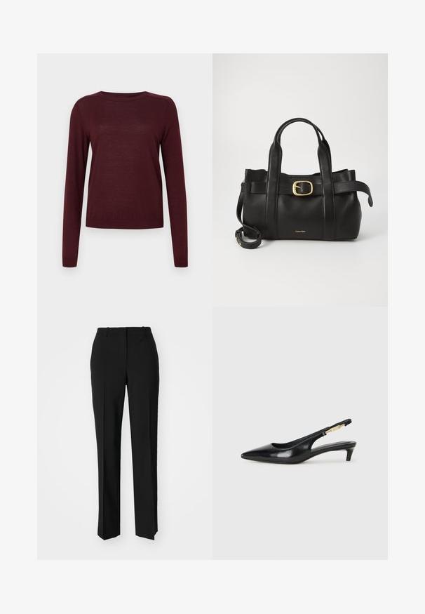 Pull à manches longues bordeaux en matériau doux, doté d'un col rond et de poignets côtelés, avec une texture légère et lisse.; Pantalon noir ajusté avec une coupe droite, présentant une texture lisse et des plis nets sur le devant. Aucune quincaillerie visible.; Talons hauts en cuir noir avec un bout pointu, dotés d'un talon fin et d'un accent en ton or sur la lanière réglable. Texture lisse.; Sac à main en cuir noir présentant un design structuré, deux poignées supérieures, un accent de boucle en ton doré et un logo de la marque en relief à l'avant.