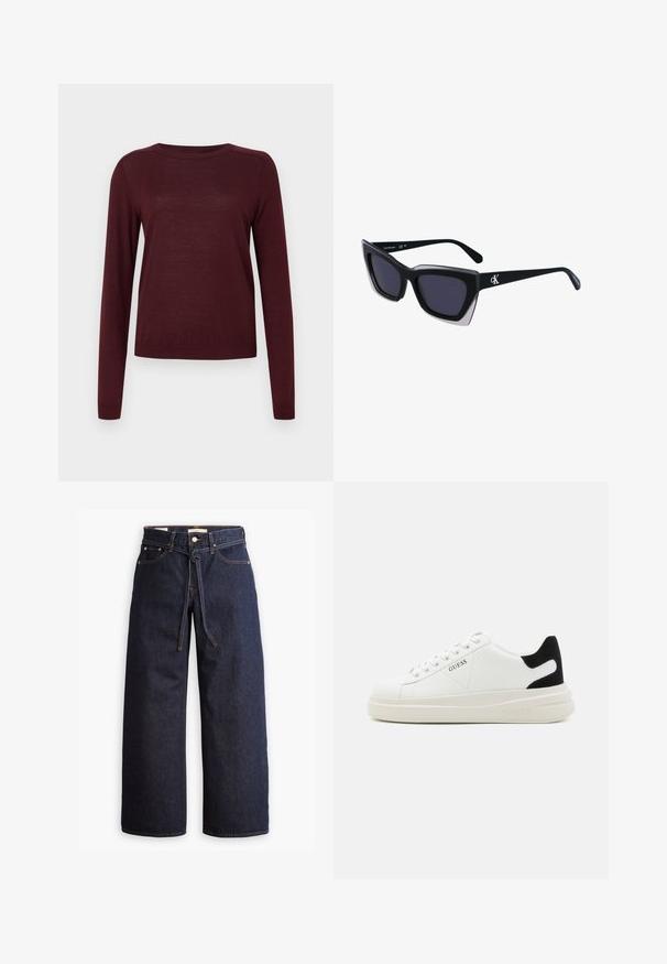 Pull à manches longues bordeaux en matériau doux, doté d'un col rond et de poignets côtelés, avec une texture légère et lisse.; Jeans en denim bleu foncé à jambes larges, avec une taille haute, dotés d'un lien à cordon, de cinq poches et de détails de couture contrastants.; Baskets en cuir blanc avec une épaisse semelle blanche, un accent en daim noir au niveau du talon et un logo embossé sur le côté. Design à lacets avec six œillets.; Lunettes de soleil noires surdimensionnées avec une forme géométrique, dotées de verres foncés et d'un détail gris contrastant sur la monture. Logo sur la branche.