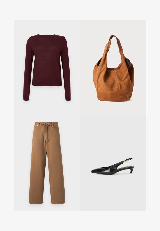 Burgundy long-sleeve sweater made of soft material, features a crew neck and ribbed cuffs, with a lightweight, smooth texture.; Brown wide-leg pants made from cotton, featuring a drawstring waist and two front pockets. Textured fabric with a smooth finish.; Black leather slingback heels with a pointed toe, featuring a slim heel and a gold-tone accent on the adjustable strap. Smooth texture.; Brown suede shoulder bag with a soft texture, curved shape, and two handles. Features a minimal design with no visible hardware or accents.
