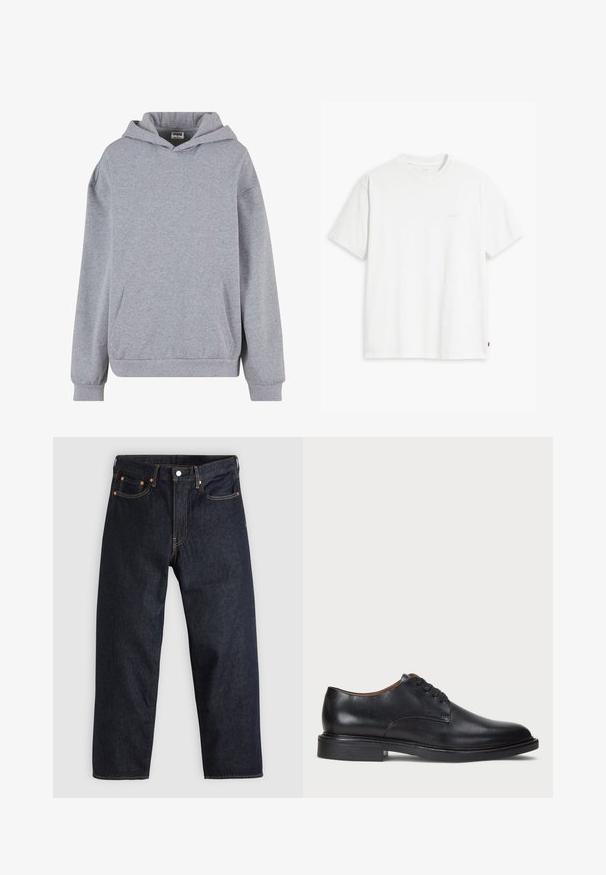 Sivi dukserica s kapuljačom. Napravljena od mekanog materijala, ima prednji džep, rebraste manžete i donji deo. Jednostavan dizajn bez dodatnih uzoraka ili detalja.; Bijela pamučna majica kratkih rukava, s okruglim izrezom i suptilnim "Levi's" logotipom u svijetloj boji na prednjoj strani.; Tamno plave traperice ravnog kroja, s pet džepova, kontrastnim narančastim šavovima i dugmetom za zatvaranje. Nema vidljivih uzoraka ili ukrasa.; Crne kožne cipele s okruglim vrhom, vezanjem i niskim stogom. Glatka tekstura s minimalnim šavovima.