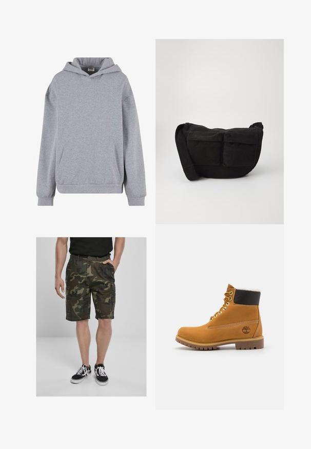 Szürke kapucnis pulóver. Puhából készült, elülső zsebbel, bordázott mandzsettákkal és aljjal rendelkezik. Egyszerű dizájn, további minták vagy részletek nélkül.; Zöld és barna árnyalatú, szövetből készült kamuflázs cargo rövidnadrág, cargo zsebekkel. Fekete sneaker cipőkkel párosítva, fehér fűzőkkel.; Barna bőrből készült bokacsizma fém fűzőlyukakkal, fehér szőr béléssel, fekete párnázott gallérral, strapabíró talppal és dombornyomott logóval az oldalán.; Fekete kordbársony keresztpántos táska állítható pánttal, elülső zsebekkel és puha tapintással. Kompakt dizájn minimális részletezéssel.
