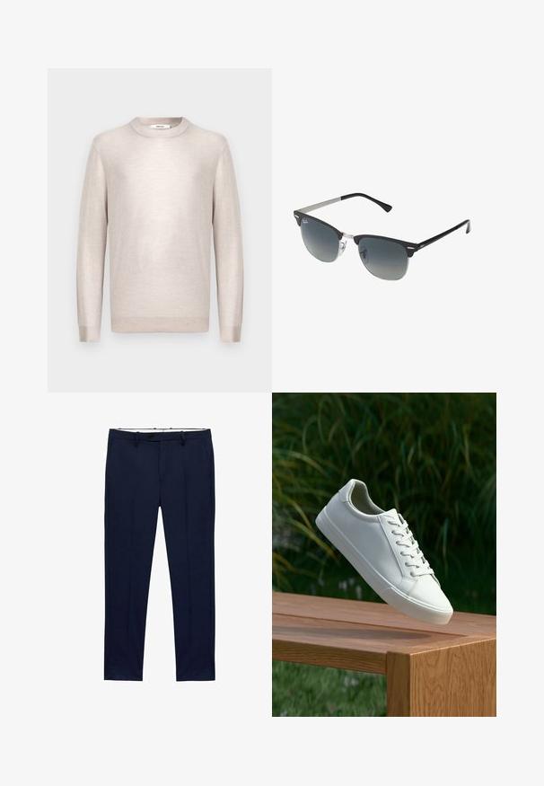 Svetar svetlo bež boje s okruglim izrezom, napravljen od mekane pletene tkanine, sa dugim rukavima i rebrastim manžetama i ivicom. Minimalistički dizajn, glatka tekstura.; Temno modri hlače s ožjim krojem in vzorcem črt. Zasnovane so z zadrgo, pasnimi zankami in sprednjimi žepi. Gladek teksturiran material.; Beli vezani športni čevlji, ki lebde nad leseno klopjo z zelenim rastlinjem v ozadju, prikazujejo obliko in teksturo čevlja.; Črne in srebrne sončna očala v obliki mačjih oči, z gradientnimi lečami in kovinskimi dodatki na okvirju. Plastične ročke s sivimi konicami.