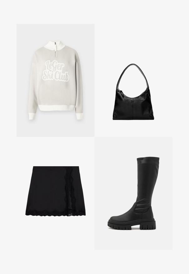 Maglione grigio chiaro con orlo e collo a costine bianchi, caratterizzato da un prominente design strutturato "Le Ger Ski Club" sul davanti. Cerniera a metà apertura.; Even&Odd Minigonna - black; Even&Odd Stivali con plateau - black; Borsa a spalla in pelle nera con una texture liscia, una parte superiore curva e una sola tracolla. Presenta una chiusura con zip e un design minimalista.