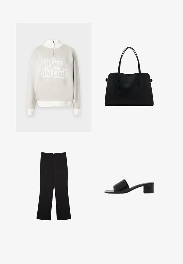 Svetlo sivi pulover z belim rebrastim robom in ovratnikom, z izrazitim teksturiranim napisom "Le Ger Ski Club" spredaj. Zadrga je pol odprta.; Črne hlače ravnega kroja z naglavnimi žepi in stranskimi razporki na robu. Narejene iz mehke, gladke tkanine. Primerne za različne priložnosti.; Črne usnjene sandale z odprtim prstom in širokim trakom ter trdim blokastim peto. Imajo gladko teksturo in minimalističen dizajn.; Črna usnjena torbica z dvema naramnima trakoma, pravokotne oblike in minimalističnim dizajnom na beli podlagi.