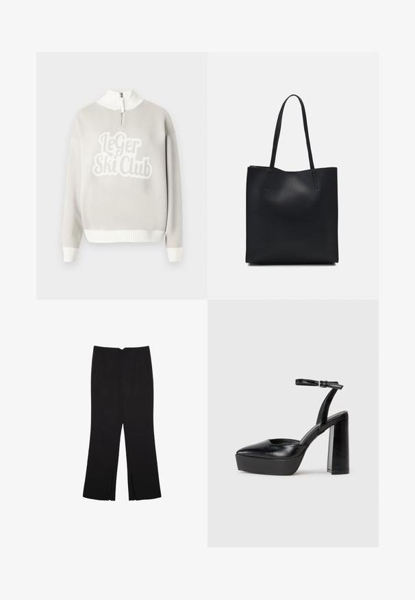 Light gray sweater with white ribbed hem and collar, featuring a prominent textured "Le Ger Ski Club" design on the front. Zipper half-open.; Black trousers with a straight fit, featuring front pockets and side slits at the hem. Made of soft, smooth fabric. Suitable for various occasions.; Black platform heels with a pointed toe and adjustable ankle strap. Constructed from smooth leather, featuring a chunky block heel.; Black leather tote bag with smooth texture, rectangular shape, and two long handles. No visible hardware or embellishments.