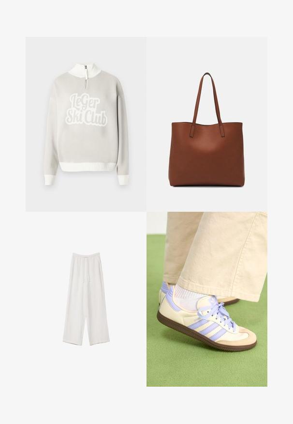 Hellgrauer Pullover mit weißem, geripptem Saum und Kragen, vorne mit dem markanten, strukturierten Schriftzug "Le Ger Ski Club". Reißverschluss halb geöffnet.; Weiße weit geschnittene Hose aus leichtem Stoff. Mit einem elastischen Bund und Kordelzug sowie Seitentaschen. Glatte Textur.; Cremefarbene und lavendelfarbene Sneakers mit drei Streifen und einer strukturierten braunen Sohle, ausgestattet mit Schnürsenkeln und einer gepolsterten Ferse. Obermaterial aus weichem Stoff.; Braune Leder-Tote mit glatter Textur, offenem Oberteil und zwei Schulterriemen. Verfügt über minimale Nähte und keine sichtbaren Beschläge.