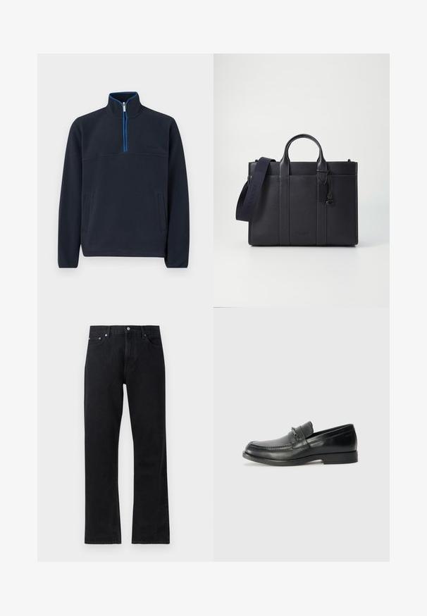 Pullover in fleece navy con zip a un quarto, cerniera blu a contrasto e due tasche frontali; presenta un logo discreto sul petto.; Jeans in denim nero con un design a gamba dritta, caratterizzati da una chiusura con bottone, stile a cinque tasche e dettagli di cucitura sottili.; Mocassini in pelle nera con punta arrotondata, caratterizzati da un design cucito, una piccola fascetta frontale con dettagli in metallo e una suola piatta in gomma.; Cartella in pelle blu scuro con doppio manico superiore e tracolla removibile. Presenta una finitura texturizzata, cuciture verticali e dettaglio del logo.