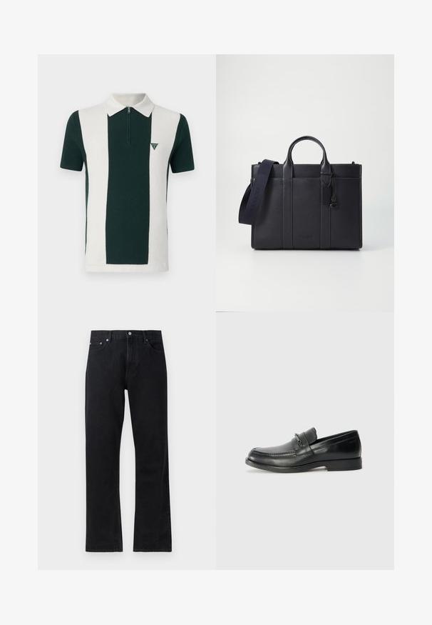 Polo riscas verdes e brancas com colarinho com fecho zip, tecido texturizado e pequeno logótipo triangular no lado esquerdo do peito.; Calças de ganga pretas com um design de perna reta, apresentando fecho de botão, estilo de cinco bolsos e detalhes de costura subtis.; Mocassins de couro preto com ponta arredondada, apresentando um design costurado, uma pequena tirinha frontal com detalhes em metal e uma sola de borracha plana.; Pasta de couro azul-marinho escura com alças superiores duplas e uma alça destacável. Apresenta um acabamento texturizado, costura vertical e detalhe do logotipo.