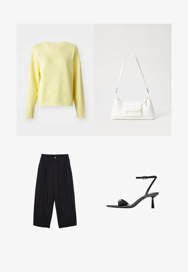 Żółta bluza z okrągłym dekoltem, długimi rękawami, obniżonymi ramionami i miękką fakturą. Lekko luźny krój z ściągaczami przy mankietach.; Czarne spodnie culotte z poliestru z elastycznym pasem, dwoma fałdami z przodu i luźnym krojem. Brak widocznych wzorów lub elementów metalowych.; Bershka - Sandały na obcasie; Biała syntetyczna torba o trójkątnym kształcie, płaskim przednim klapce i detalach w postaci kokardy, regulowanym pasku, gładkiej fakturze oraz minimalistycznym designie.