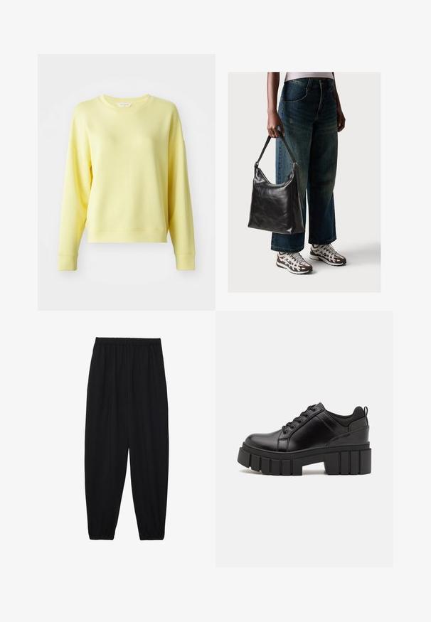 Sweatshirt jaune avec un col rond, des manches longues, des épaules tombantes et une texture douce. Coupe légèrement décontractée avec des poignets côtelés.; Pantalons noirs légers avec une taille élastique et des chevilles froncées. Le tissu est lisse et présente un design décontracté et fuselé.; Chaussures à plateforme en cuir noir avec un talon bloc épais, bout rond et un design traditionnel à lacets. Elles présentent une texture lisse et un détail minimal.; Sac à bandoulière en cuir noir avec une texture lisse et une bandoulière réglable, associé à un jean ample décoloré et des baskets de sport.