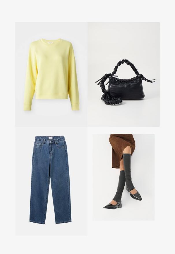 Gul sweatshirt med rund hals, lange ærmer, sænkede skuldre og en blød tekstur. Let afslappet pasform med ribbede manchetter.; Klassiske blå denimbukser med lige ben, fem lommer og knaplukning. Har en medium vask og en robust tekstur.; Sorte patenterede lædersko med spids tå, blokhæl og ankelrem, kombineret med grå ribbede benvarmere og en brun ruskinds nederdel.; Sort kunstlæder håndtaske med krokodilteksur, indsnøret top og en sammenkrøben rem. Ser blød og kompakt ud i designet.