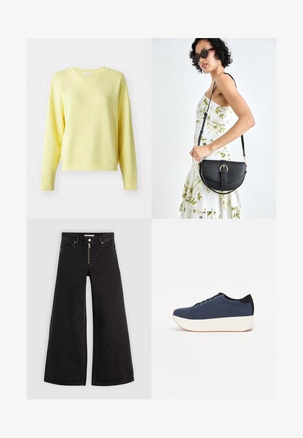 Hanorac galben cu guler rotund, mâneci lungi, umeri căzuți și o textură moale. Ajustat ușor, cu manșete ribbate.; Jeans cu picioare largi din denim negru, cu fermoar în față, design cu cinci buzunare și detalii subtile de cusătură. Textură netedă și stil casual.; Sneaker albastru închis, cu un material texturat pe partea superioară, talpă platformă albă, vârf rotunjit și accent de călcâi negru. Dispune de șase găuri pentru șireturi.; Geantă din piele neagră, cu o formă curbată, curea detașabilă și accesorii aurii. Geanta are un capac cu un detaliu tip cataramă.