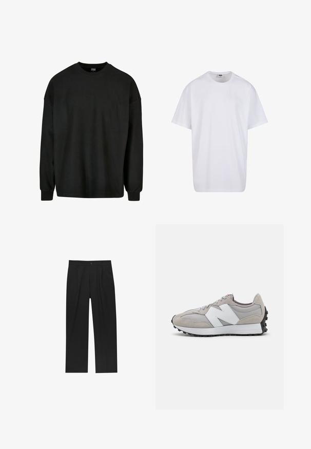 Schwarzes, langärmeliges, geripptes Sweatshirt mit Rundhalsausschnitt und lockerer Passform. Verfügt über Stoff mit Struktur und enganliegende Bündchen. Keine grafischen Details.; Weiße Baumwoll-T-Shirt mit kurzen Ärmeln, rundem Ausschnitt, lockerer Passform und ohne sichtbare Logos oder Muster. Glatte Textur und minimalistisches Design.; Schwarze Hose mit geradem Schnitt, aus einem glatten Stoff gefertigt. Verfügt über Vorderfalten und einen einzelnen Knopfverschluss an der Taille.; Graue Sneaker aus Mesh und Wildleder, mit einem weißen Seitenlogo, grauen Schnürsenkeln und einer schwarzen Gummisohle.