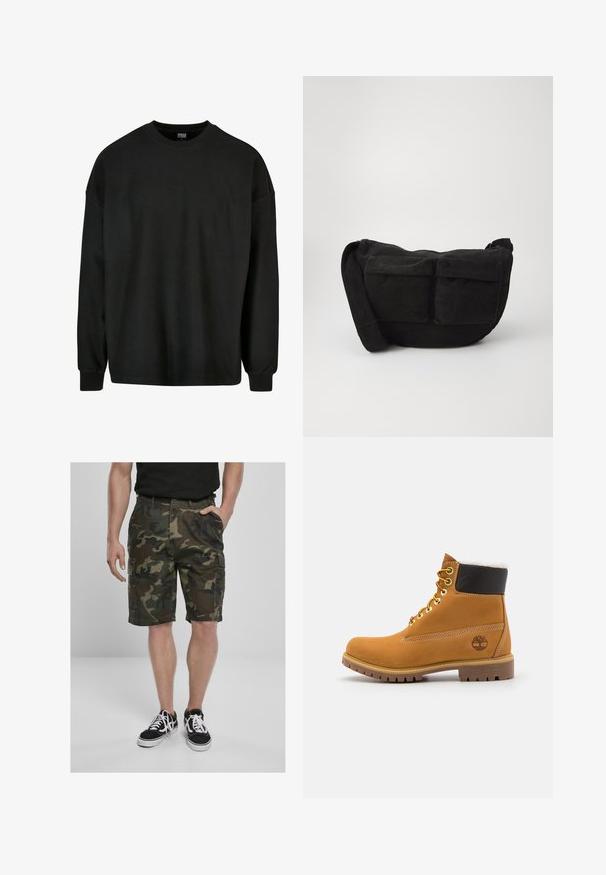 Czarny długi rękaw, żebrowany sweatshirt z okrągłym dekoltem i luźnym krojem. Posiada teksturowany materiał i dopasowane mankiety. Brak graficznych detali.; Szorty cargo w kamuflażu z kieszeniami cargo, wykonane z tkaniny plecionej w odcieniach zieleni i brązu. W zestawie z czarnymi sneakersami z białymi sznurowadłami.; Brązowy skórzany but za kostkę z metalowymi oczkami, białym futerkiem w środku, czarnym wyściółką, solidną podeszwą i wytłoczonym logo po boku.; Czarny torba na ramię z kordurowego materiału z regulowanym paskiem, z przednimi kieszeniami i miękką teksturą. Kompaktowy design z minimalnymi detalami.