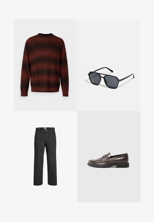 Jack & Jones JORDUKE CREW NECK - Trui - brown; Zwarte rechte jeans van katoen, met een klassieke vijf-pocketontwerp, knoopsluiting en subtiele stiksels.; Bruine leren loafers met een gladde afwerking, voorzien van een subtiele gestikte detail op de bovenkant en een zwarte rubberen zool.; Zwarte zonnebril met een octagonaal frame, donkere lenzen, glanzende afwerking, dunne tempels en gouden accenten aan de voorkant.