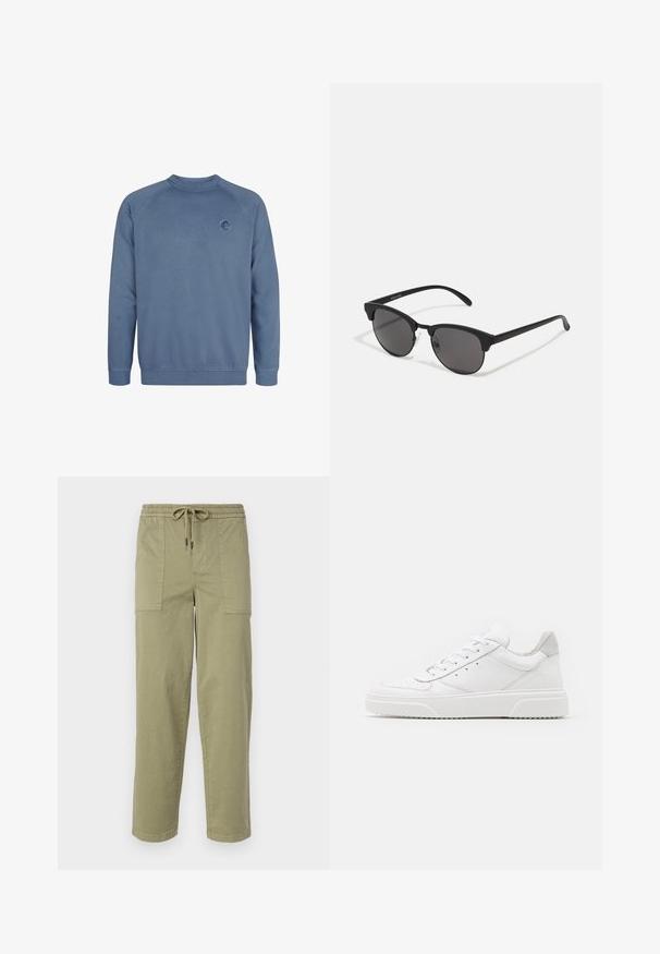 Blauwe sweatshirt met een ronde hals, ribgebreide mouwen en onderkant. Heeft een klein rond logo op de borst en een gladde, gestructureerde afwerking.; Licht olijfgroene broek van een katoenmix, met een elastische tailleband met trekkoord en twee grote zijzakken.; Witte leren sneakers met een gladde afwerking, ronde neus, platte veters en een gestructureerde zool. Grijze suède accent bij de hiel.; Zwarte zonnebril met ronde lenzen, matte afwerking en een kenmerkende cat-eye vorm. Slanke armen met subtiele branding op de linkertempel.