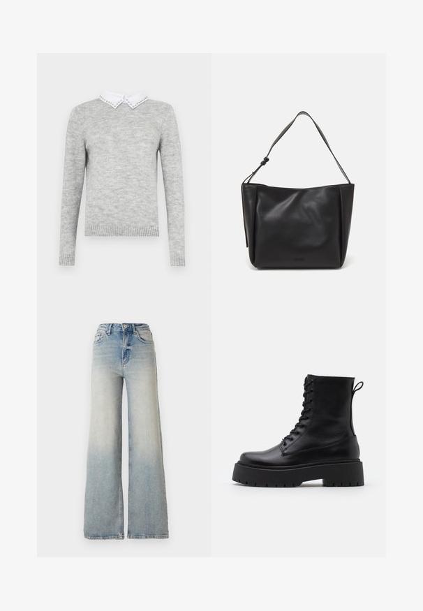 Sivi pulover s dugim rukavima, s bijelom ovratnikom ukrašenim dekorativnim čavlima. Izrađen od mekog, teksturiranog materijala.; Svijetloplave široke traperice od denima, s visokim strukom, pet džepova i vidljivim šavovima duž šavova.; Crne kožne gležnjače s okruglim vrhom, vezanjem sprijeda i debelim gumenim potplatom s teksturiranim uzorkom. Tipa: traka za vuču na stražnjoj strani.; Calvin Klein GRACIE MEDIUM - Ručna torba - black; Zlatne kružne naušnice, tanke i okrugle, s glatkom metalnom površinom bez ukrasa ili uzoraka.