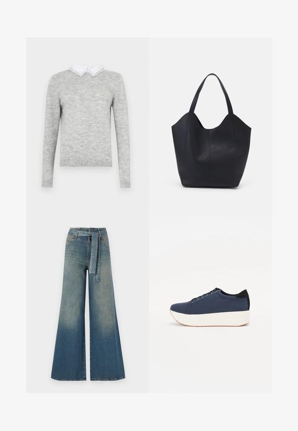 Grijze trui met lange mouwen, voorzien van een witte kraag versierd met decoratieve studs. Gemaakt van een zachte, gestructureerde stof.; Wijduitlopende denim broek met een lichte naar donkere blauwe gradient, hoge taille, riemlussen en een bijpassende stoffen riem. Gestructureerde denimafwerking.; Marineblauwe sneaker met een textuurstof bovenwerk, witte platformzool, ronde neus en zwart hakaccent. Voorzien van zes gaatjes voor veters.; Zwarte tote tas van glad leer, met een gebogen, open bovenkant en twee schouderbanden, en een minimalistisch ontwerp.