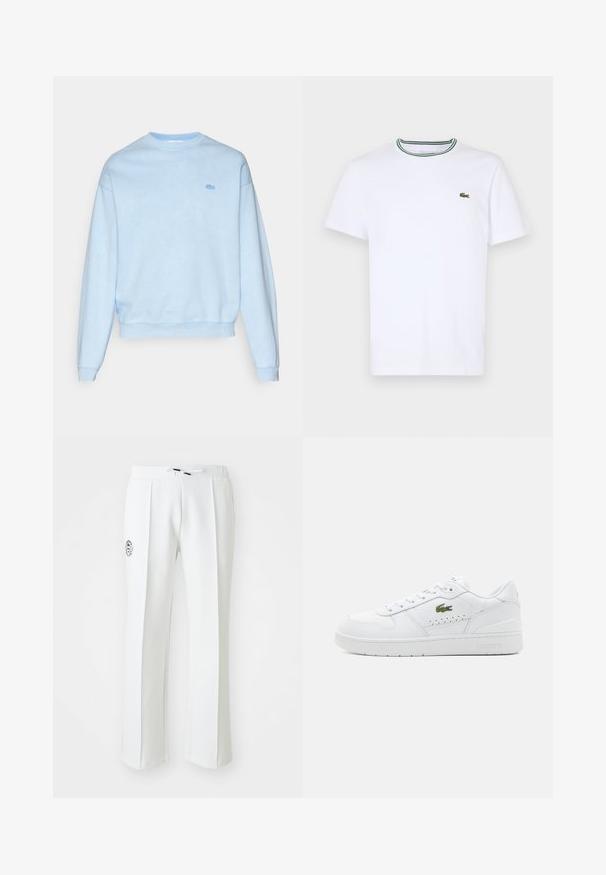 Ljusblå crewneck sweatshirt tillverkad av mjukt tyg. Har en ribbad nederkant och ärmar, med en liten broderad logotyp på bröstet.; Vit bomullskortärmad T-shirt med ribbad krage som har gröna och svarta ränder; liten grön broderad logotyp på vänster bröst.; Vita byxor med rak skärning, tillverkade av mjukt material, med en dragsko i midjan och en logotypbrodering på vänster sida.; Vita lädersneakers med perforerade detaljer, platta snören och en liten grön logga på sidan. Gummisula och vadderad krage för komfort.