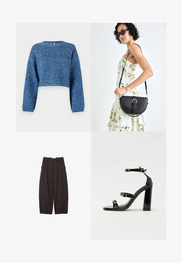 Skrajšan moder sveter iz teksturirane pletene tkanine. Ima dolge rokave in okroglo ovratnik. Enotna barva z rahlimi odtenki.; Črne široke hlače iz gladkega materiala, z visokim pasom, zgornjimi pregibi in stranskimi žepi. Preprost dizajn brez okrasnih elementov.; Črne lakirane sandale s peto, kvadratnim prstom, trakovi okrog gležnja in srebrnimi zaponkami. Opremljene so s stabilno Debelo peto.; Črna usnjena torbica s ukrivljeno obliko, z odstranljivo naramnico in zlatimi dodatki. Torbica ima pokrov s podrobnostmi v obliki zaponke.