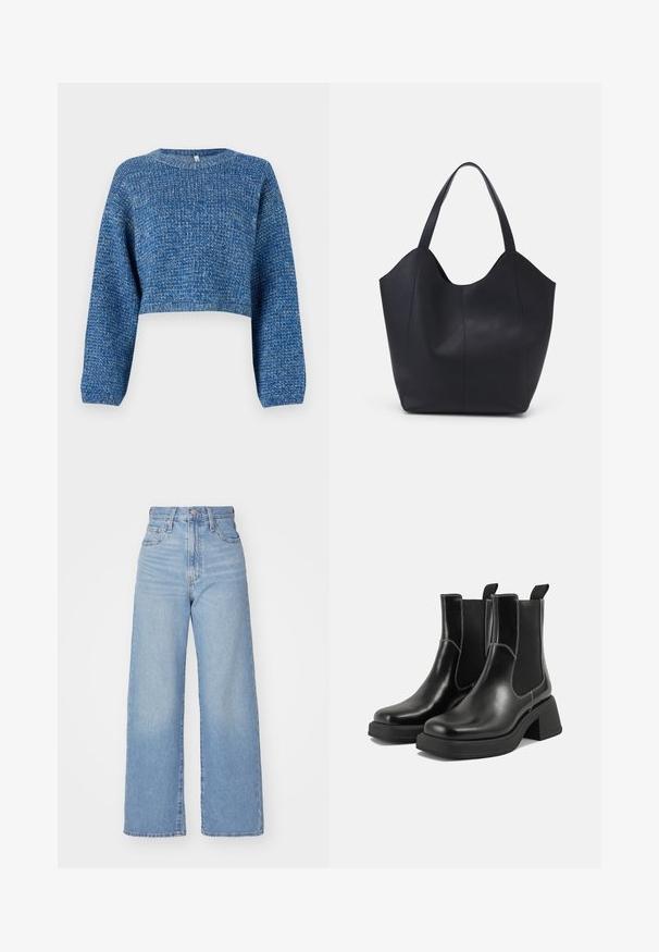 Maglione blu cropped realizzato in morbido tessuto a maglia testurizzata. Caratterizzato da maniche lunghe e scollatura tonda. Colore uniforme con leggere variazioni.; Jeans a vita alta blu chiaro con gamba larga, chiusura frontale con bottone e zip, tasche anteriori e posteriori, su uno sfondo bianco.; Stivali Chelsea in pelle nera con tacco spesso, pannelli elasticizzati sui lati e cuciture bianche a contrasto. Finitura testurizzata.; Borsa tote nera realizzata in pelle liscia, con una parte superiore curva e aperta, dotata di due manici per spalla e un design minimalista.