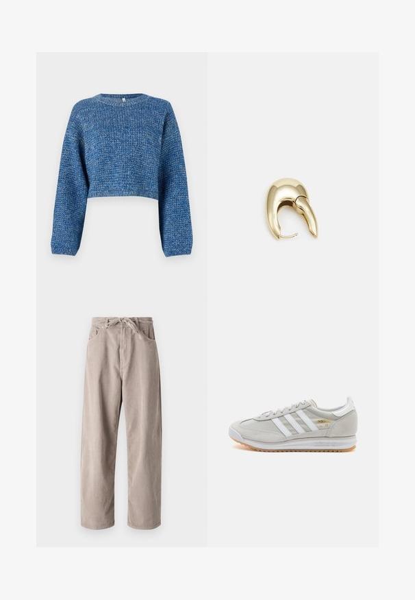 Cropped blue sweater made of textured knit fabric. Features long sleeves and a round neckline. Even color with subtle variations.; Beige corduroy trousers with a loose fit, featuring a drawstring waist, two front pockets, and vertical ribbed texture.; Light grey sneaker made of suede and mesh, featuring three white stripes, round toe, and a gum rubber sole. Gold logo accent near laces.; Gold-tone metal earring with a sleek, curved design. Features a distinctive pointed shape, polished surface, and hinge closure.