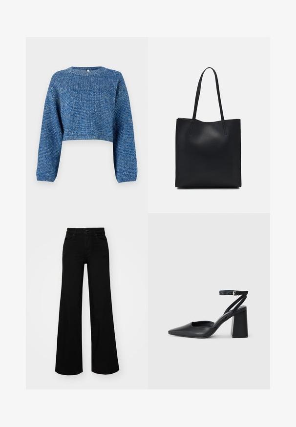 Pull bleu cropped en tissu tricot texturé. Doté de manches longues et d'un col rond. Couleur uniforme avec des variations subtiles.; Pantalons large en denim noir, dotés d'une taille structurée, de passants de ceinture et de poches avant. Texture lisse avec un design classique.; Escarpin noir en cuir à bout pointu avec une bride de cheville et un talon épais. Texture lisse, design élégant et esthétique minimaliste.; Sac fourre-tout en cuir noir avec une texture lisse, de forme rectangulaire et deux longues poignées. Pas de matériel ou d'ornementations visibles.