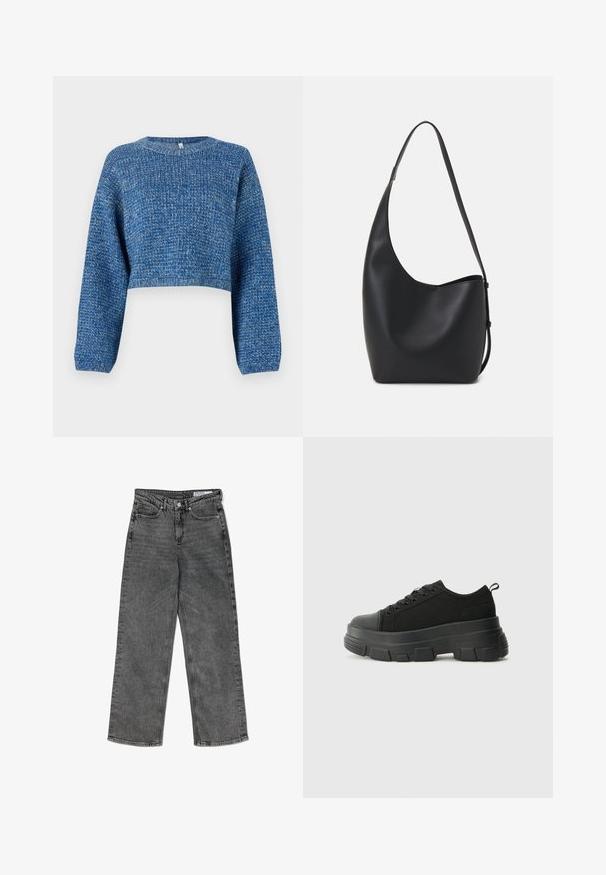 Pjautas mėlynas megztinis, pagamintas iš tekstūruotos mezgimo medžiagos. Yra ilgos rankovės ir apvalus kaklas. Vienoda spalva su subtiliomis variacijomis.; Juodos plonos tiesios kojos džinsai su aukštu liemeniu, priekinėmis kišenėmis, diržo kilpomis, mygtuko uždarymu ir prekės ženklo vidine liemeniu etikete.; Juodos sportinės bateliai su stambiu guminiais padu, tekstūrizuotu audinio viršumi, apvaliu pirštu ir raištelių uždarymu. Yra sutvirtinti akių angos ir nugaros kilputė.; Juodas odinis hobo maišas su lygiu paviršiumi, kreipta forma ir viena reguliuojama rankena; turi platų atidarymą viršuje.