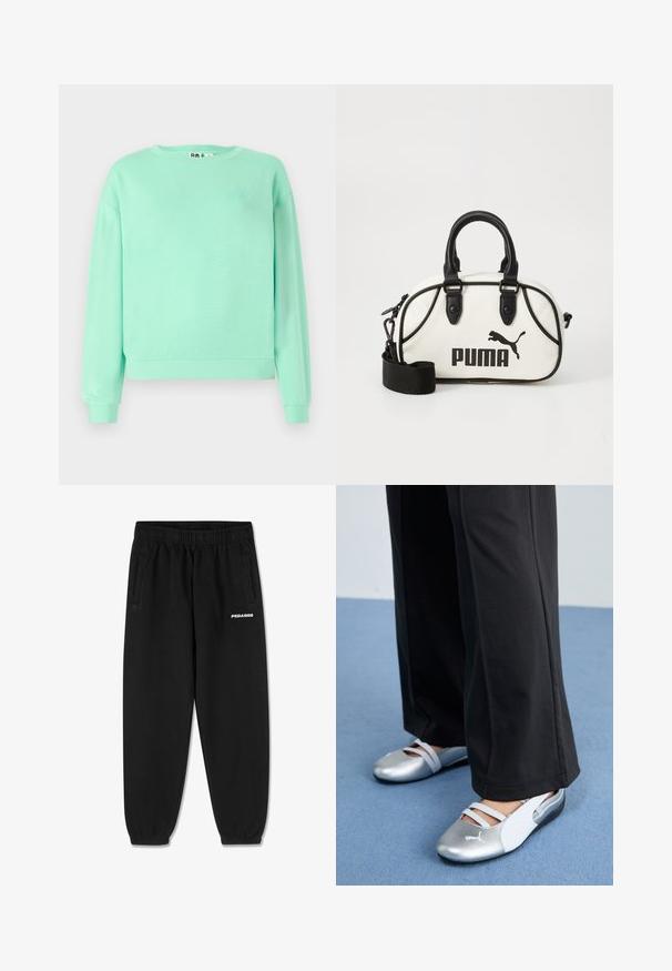 Mint green sweatshirt, crew neck, long sleeves, ribbed cuffs, soft fabric, featuring a subtle embroidered design on the chest.; Gray cotton t-shirt with short sleeves, featuring a crew neck and a small white "PEGADOR" logo on the front. Smooth texture, relaxed fit.; Black sweatpants made of soft fabric, featuring a drawstring waistband, tapered legs, and side pockets. “PEGADOR” logo in white on the front.; Silver and white flat shoes with crossover straps and textured detailing, complemented by loose black trousers. Set against a blue floor.; White handbag with black accents, featuring a Puma logo. Short, rounded handles and a detachable strap, made from textured synthetic material.