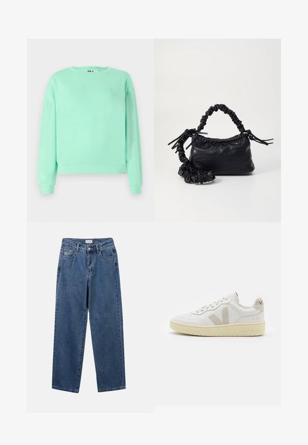 Felpa verde menta, colletto rotondo, maniche lunghe, polsini a coste, tessuto morbido, con un sottile design ricamato sul petto.; Jeans in denim blu classico con design a gamba dritta, cinque tasche e chiusura con bottone. Presentano un lavaggio medio e una trama robusta.; Sneaker in pelle bianca con dettagli in suede beige, punta perforata, lacci piatti e suola testurizzata color crema. Presenta un logo discreto sul tallone.; Borsa a tracolla in ecopelle nera con texture a coccodrillo, apertura cinchata e tracolla arricciata. Si presenta con un design morbido e compatto.