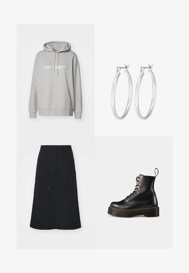 Carhartt WIP HOODED - Sweatshirt - basalt/white; Black skirt made of cotton, featuring a front button closure, two large pocket details, and a straight silhouette. Smooth texture.; Black leather lace-up ankle boots with a chunky black sole and yellow stitching. Features a pull tab at the back and circular metal eyelets.; Silver hoop earrings with a smooth, polished finish. Round shape and secure click-top closure. Lightweight design suitable for everyday wear.