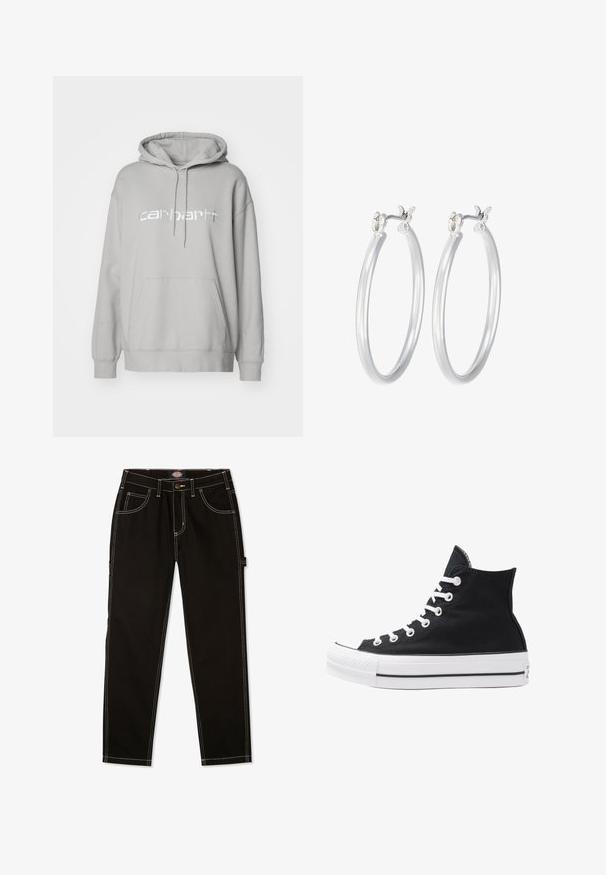 Carhartt WIP HOODED - Sweater - basalt/white; Zwarte denim broek met contrasterende witte stiksels, vijf zakken en een label aan de zijkant. Standaard pasvorm, rechte pijpdesign.; Hoge zwarte canvas sneaker met witte oogjes, veters en rubberen zool. Beschikt over een gestructureerde neuskap en zwart-witte streepaccenten.; Zilveren oorbellen in de vorm van een gladde, gepolijste ring. Ronde vorm met een veilige kliksluiting. Lichtgewicht ontwerp, geschikt voor dagelijks gebruik.