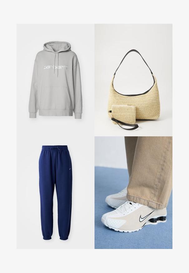 Carhartt WIP HOODED - Sweatshirt - basalt/white; Pantalons de survêtement bleu marine en tissu doux, avec une taille élastique à cordon de serrage, des poignets élastiques et un petit logo blanc.; Baskets Nike blanches et beiges avec un design perforé, logo swoosh noir, tige texturée et un talon noir distinctif et élastique.; Sac à main en paille tissée avec une silhouette courbée, doté d'une bandoulière en cuir noir lisse et d'une petite pochette assortie attachée par une sangle pour le poignet.