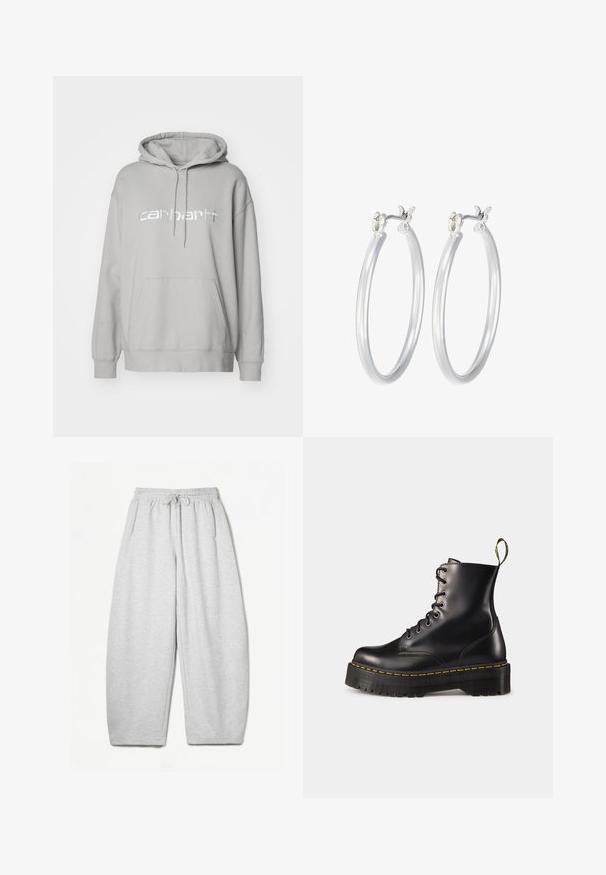 Carhartt WIP HOODED - Mikina - basalt/white; Šedé tepláky s uvolněným střihem, elastickým pasem, šňůrkou a bočními kapsami; vyrobeny z měkké, strukturované tkaniny.; Černé kožené kotníkové boty na šněrování s mohutnou černou podrážkou a žlutým prošíváním. Mají poutko na zadní straně a kulaté kovové očko.; Stříbrné kruhové náušnice s hladkým, lesklým povrchem. Kulatý tvar a bezpečné zapínání na klip. Lehký design vhodný pro každodenní nošení.