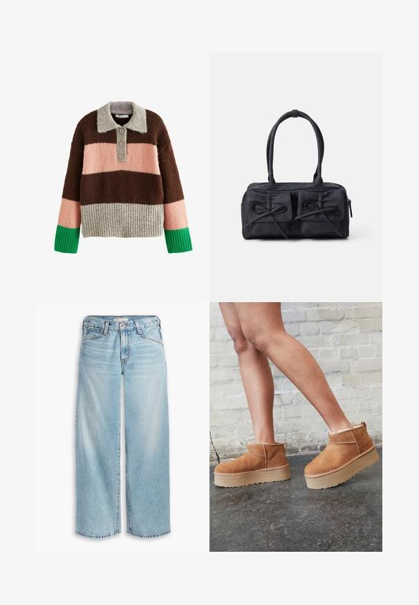 Next REGULAR FIT - Striktrøje - neutral; Lys blå brede jeans lavet af denim, med høj talje, knaplukning og frynsede kanter. Synlig syning og lommer.; Brune ruskinds ankelsko med en blød foring, tyk beige plattformsål og en bageste løkke. Tekstureret overflade med synlige sømdetaljer.; Sorte stof håndtaske med to frontlommer med sløjfedetaljer, dobbelte håndtag og lynlåslukning. Blød tekstur og rektangulær form.