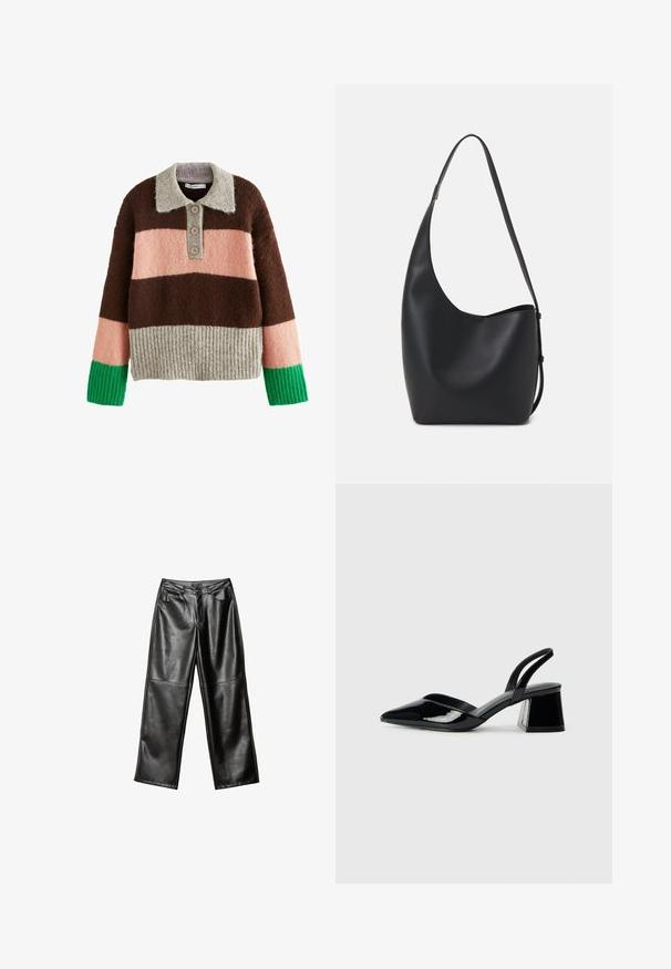 Next REGULAR FIT - Jumper - neutral; Black leather wide-leg trousers with a smooth texture, five-pocket design, and stitched detailing along the legs and waistband.; Black patent leather slingback heels with a pointed toe and a geometric block heel. Features a sleek, minimal design and smooth texture.; Black leather hobo bag with a smooth texture, curved shape, and single adjustable strap; features a wide opening at the top.