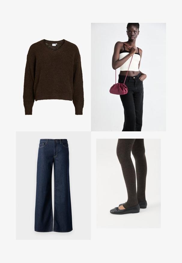 Rjavo pleten pulover z v-izrezom, dolgimi rokavi in ohlapnim krojem. Teksturirana tkanina ima mehki, puhasti videz. Znotraj je vidna etiketa.; Črn dolg rokav, prilegajoča majica s kvadratnim izrezom, označena z GAP, prikazana na belem ozadju.; Široke hlače iz temnega modrega denima. Imajo kontrastno šivanje, pet žepov in gumbasto zapiranje v pasu. Gladka tekstura.; Črne ravne čevlje z majhnim lokom na prstih, v kombinaciji s temno rjavimi rebrastimi nogavicami. Čevlji imajo gladko teksturo in nizko obliko.; Burgundska mehka torbica z zbranim dizajnom in dolgim trakom, nošena čez telo. Model nosi belo kratko majico in črne kavbojke.