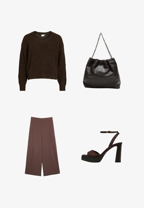 Hnědý pletený svetr s výstřihem do V, dlouhými rukávy a volným střihem. Texturovaná látka má měkký, chlupatý vzhled. Uvnitř viditelná etiketa.; Hnědé široké kalhoty s hladkou texturou, vysokým pasem a předními záhyby. Materiál je lehký a volně splývá.; Hnědé semišové sandály na vysokém podpatku s otevřenou špičkou, nastavitelným páskem kolem kotníku a proužkovou platformou.; Hnědá kožená taška se sbíraným vrškem a řetízkovým popruhem. Hladký povrch s lesklým finišem a jemným švem na bocích.