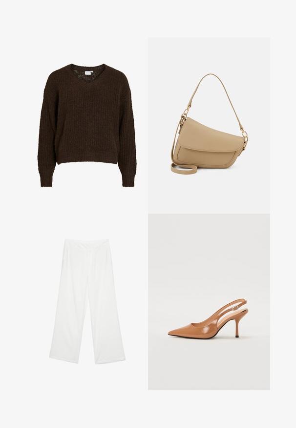 Brun stickad tröja med V-ringning, lång ärm och lös passform. Texturerat tyg med ett mjukt, fluffigt utseende. Etikett synlig på insidan.; Breda byxor i vitt material, med en slät yta, framfickor och en klassisk midja med bälteshål.; Tåspets slingback-häl i ett slätt, glansigt brunt material. Har en kurvad utskärning och en smal stilettklack. Silverdetalj med spänne.; Even&Odd Handväska - beige